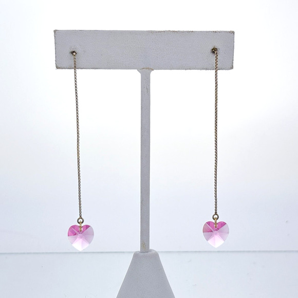 Vintage Sterling Silver 925 Pink Crystal Heart Drop Earrings - Picture 1 of 6